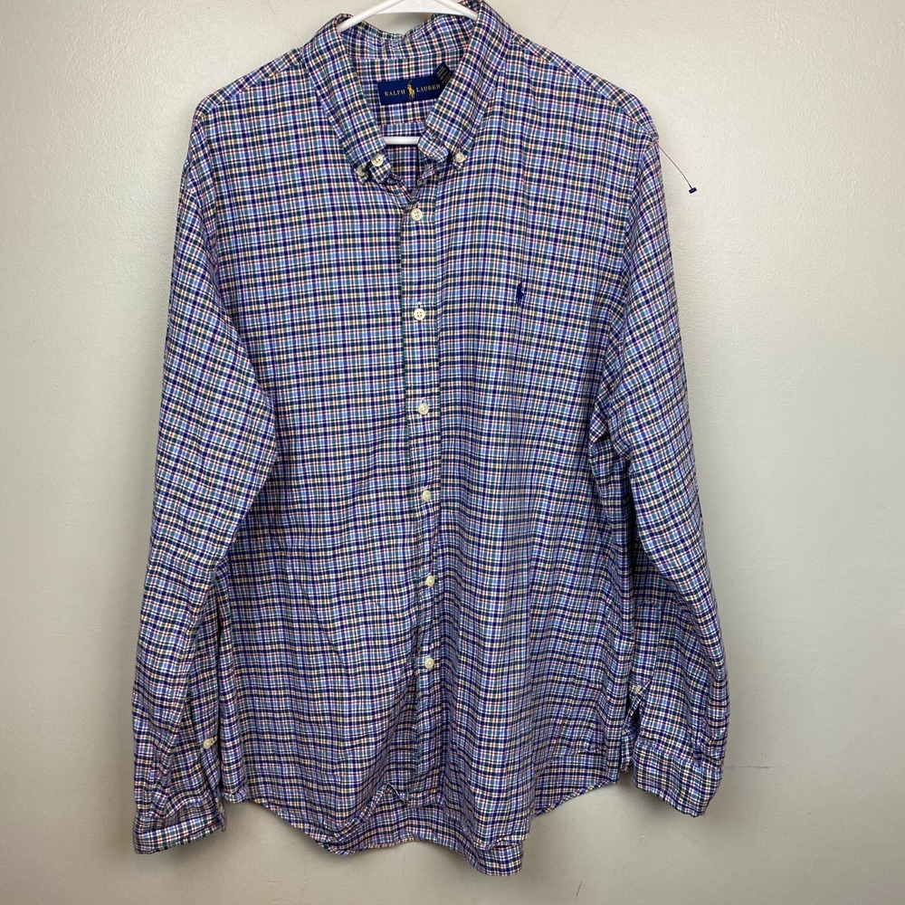 Ralph Lauren Shirt XL Blue Long Sleeve Button Check Plaid Classic Preppy EUC